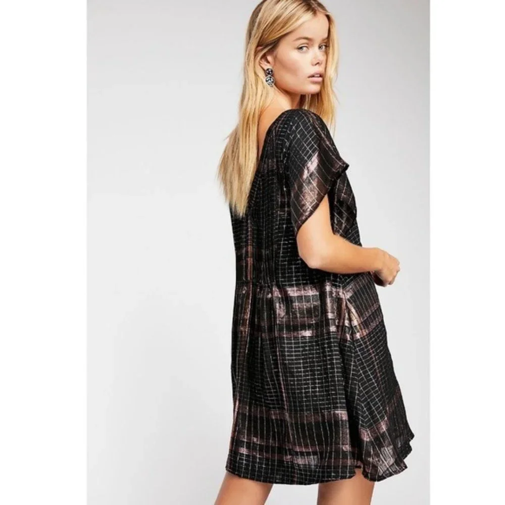 Free People Metallic Plaid Mini Dress Black Barcelona XS Pintuck Lined Breezy - Picture 2 of 4